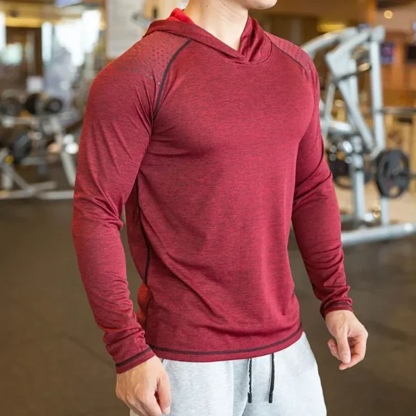 Autumn Gym Men T Shirt Casual Long Sleeve Slim Tops Tees elastic T-shirt Sports Fitness breathable Quick dry Hooded T Shirt