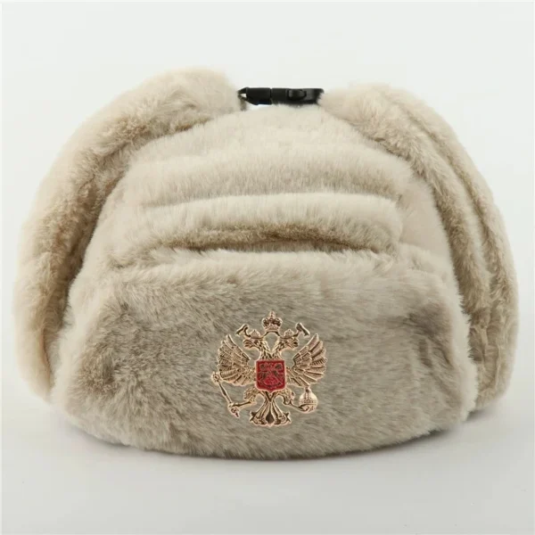Soviet Army Military Badge Russia Ushanka Bomber Hats Pilot Trapper trooper Hat Winter Faux Rabbit Fur Earflap Men Snow Caps