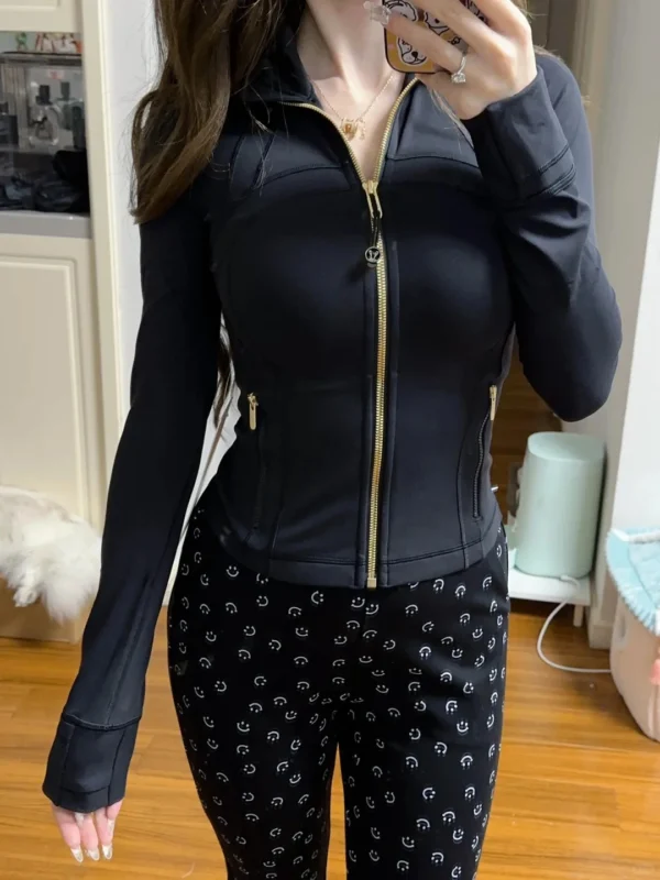 Women's Yoga Short Sports Jacket with Gold Zipper - Slim Fit Gym Workout Jacket