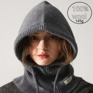 High Quality 100% Wool Slouchy Balaclava Hat for Women Knitted Scarf Hood Beanies Winter Warm Skiing Hat Outdoor Ear Protection