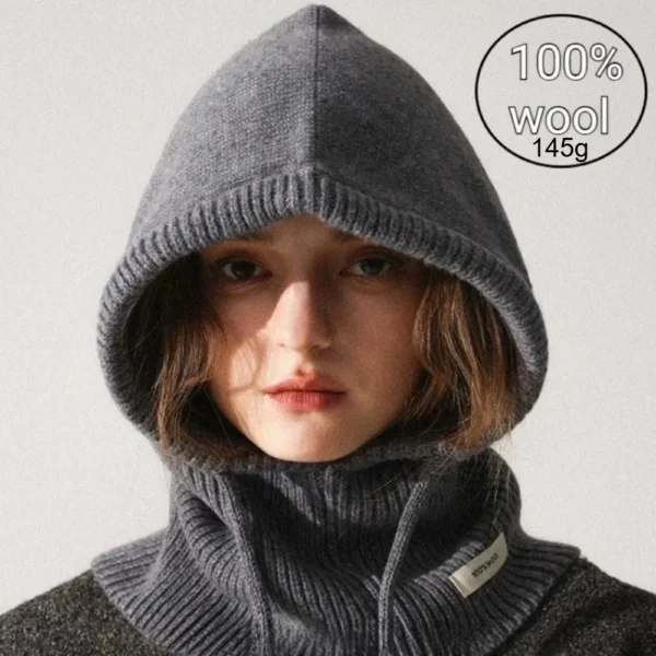 High Quality 100% Wool Slouchy Balaclava Hat for Women Knitted Scarf Hood Beanies Winter Warm Skiing Hat Outdoor Ear Protection