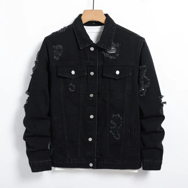 Men's Denim Jacket - Black Regular Jacket, Street Fashion with Rips, Suitable for Daily Casual Outings