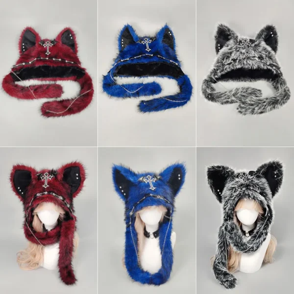 Dark Series Gothic Plush Hat Y2K Cross Metal Style Headwear Cosplay Cat Ear Hat Halloween Punk Rock Warm Cap for Women Men Child