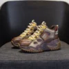 Womens Brown Green Color Block High Top Chunky Platform Dad Sneakers Fleece Lined Lace Up Height Increasing Warm Sports Shoes