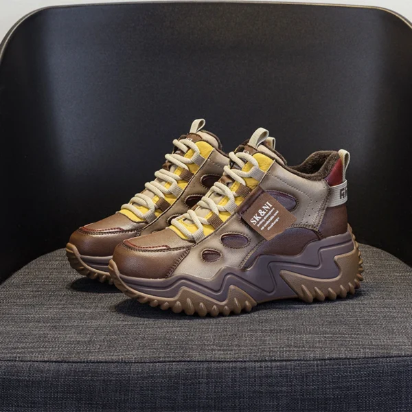 Womens Brown Green Color Block High Top Chunky Platform Dad Sneakers Fleece Lined Lace Up Height Increasing Warm Sports Shoes