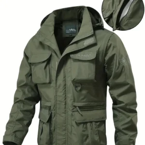Detachable windproof sleeved hooded jacket suitable for outdoor activities men's casual waterproof multi pocket jacket vest