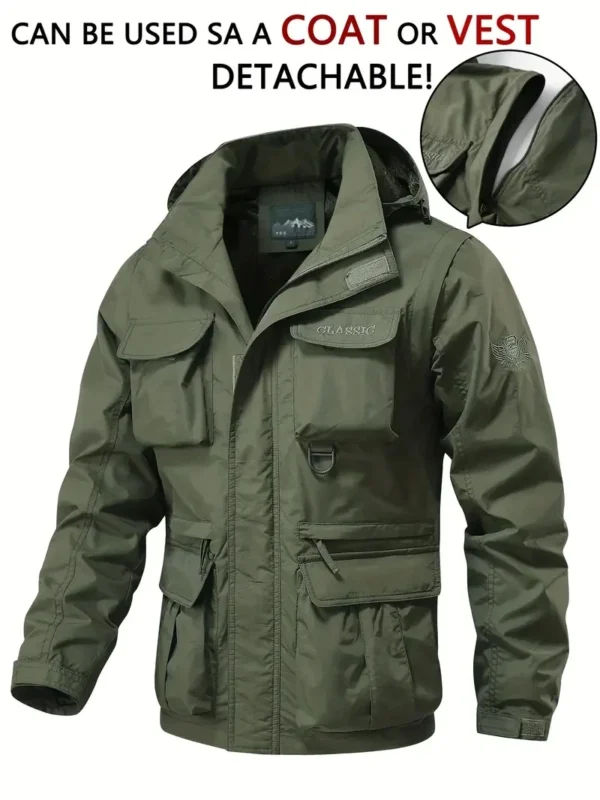 Detachable windproof sleeved hooded jacket suitable for outdoor activities men's casual waterproof multi pocket jacket vest
