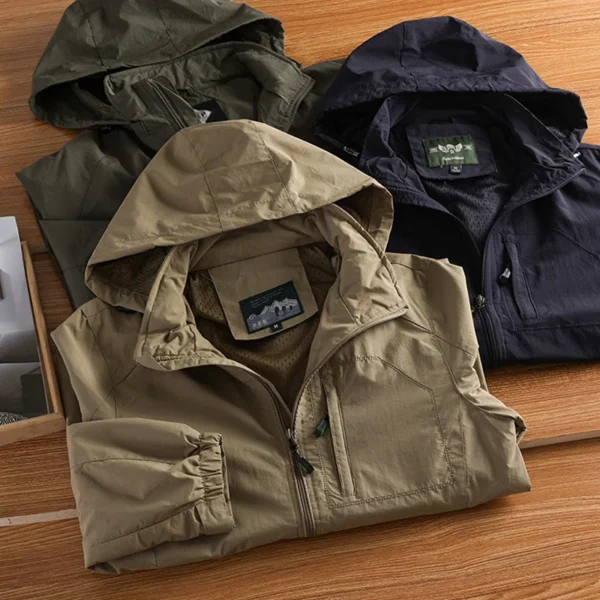 New Waterproof Hooded Jackets Men Casual Windproof Coat Autumn Lightweight Multi-Pocket Hiking Windbreaker Detachable Hat Jacket
