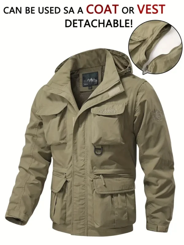 Detachable windproof sleeved hooded jacket suitable for outdoor activities men's casual waterproof multi pocket jacket vest