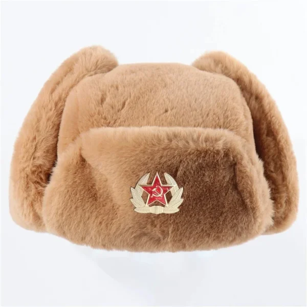 Soviet Army Military Badge Russia Ushanka Bomber Hats Pilot Trapper trooper Hat Winter Faux Rabbit Fur Earflap Men Snow Caps