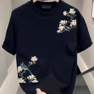 Summer Casual Men's 100% Cotton Versatile Round-neck Short-sleeved T-shirt with Floral Pattern Print Outdoor Soft and Breathable