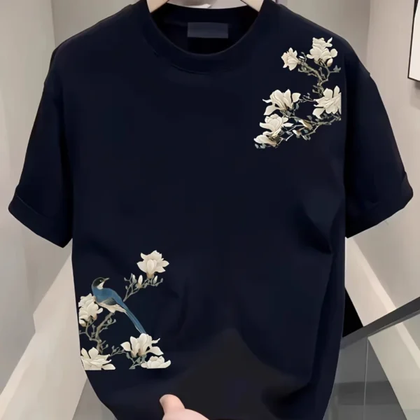 Summer Casual Men's 100% Cotton Versatile Round-neck Short-sleeved T-shirt with Floral Pattern Print Outdoor Soft and Breathable
