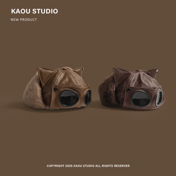 PU Leather Cat Ear Sunglasses Cool Pilot Cap Women's Winter Fleece Windproof Riding CapFamily Skiing Bomber Hat