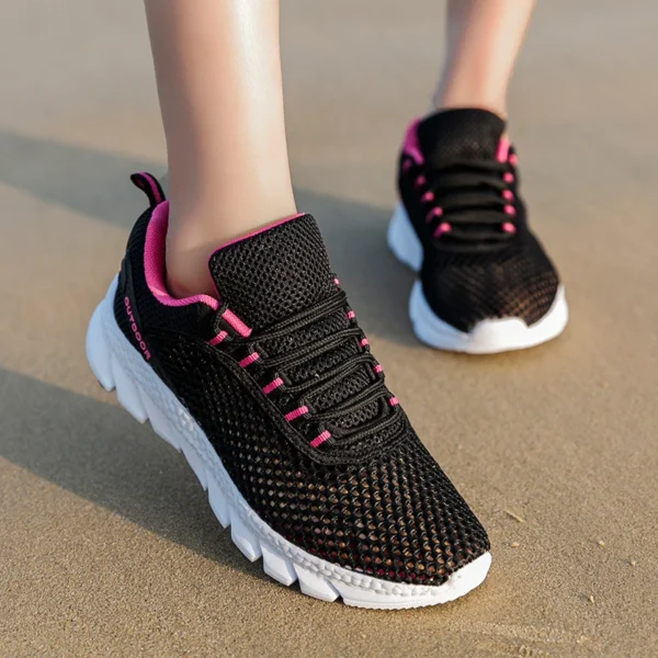 Summer Couple Style Hollow Mesh Sneakers Lightweight Breathable Outdoor Walking Shoes Pink Accent Comfortable Casual Footwear