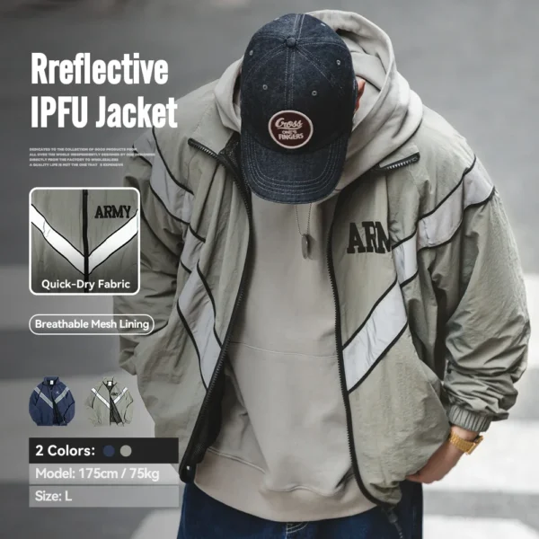 Maden Bomber Jackets For Men Vintage Training Coat Vibe Wind Reflective Hooded Quick-drying Jacket Male Blue