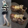 Womens Brown Green Color Block High Top Chunky Platform Dad Sneakers Fleece Lined Lace Up Height Increasing Warm Sports Shoes
