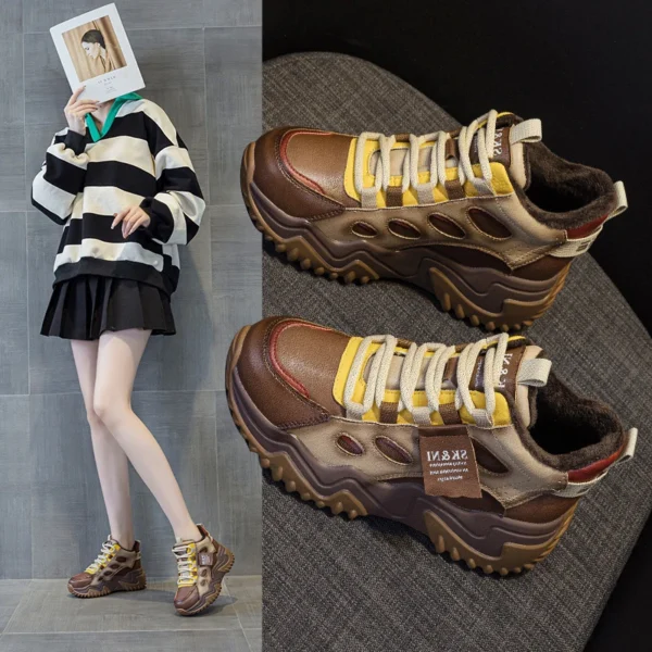 Womens Brown Green Color Block High Top Chunky Platform Dad Sneakers Fleece Lined Lace Up Height Increasing Warm Sports Shoes