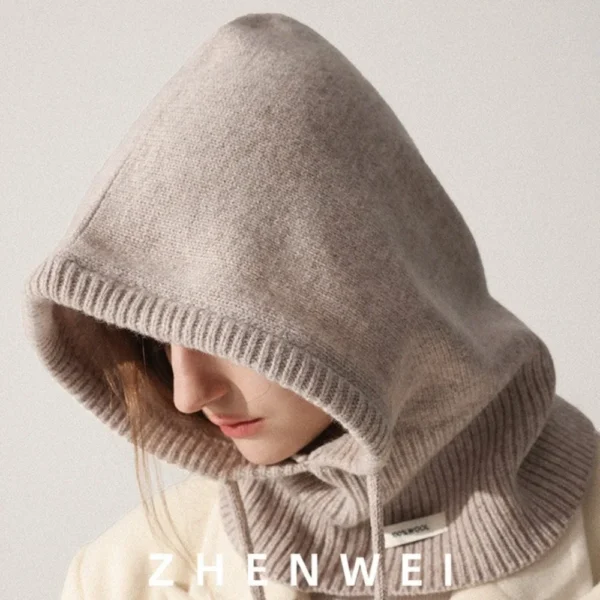 High Quality 100% Wool Slouchy Balaclava Hat for Women Knitted Scarf Hood Beanies Winter Warm Skiing Hat Outdoor Ear Protection