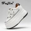 Fujin 9cm 3 inch comfortable platform sneakers for women Genuine Leather Women Vulcanized Shoes Platform High Heels Casual Shoes