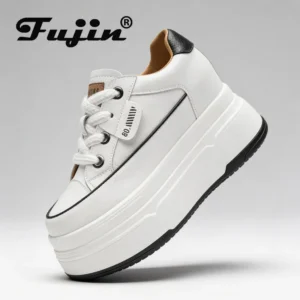 Fujin 9cm 3 inch comfortable platform sneakers for women Genuine Leather Women Vulcanized Shoes Platform High Heels Casual Shoes