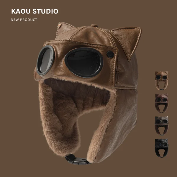 PU Leather Cat Ear Sunglasses Cool Pilot Cap Women's Winter Fleece Windproof Riding CapFamily Skiing Bomber Hat