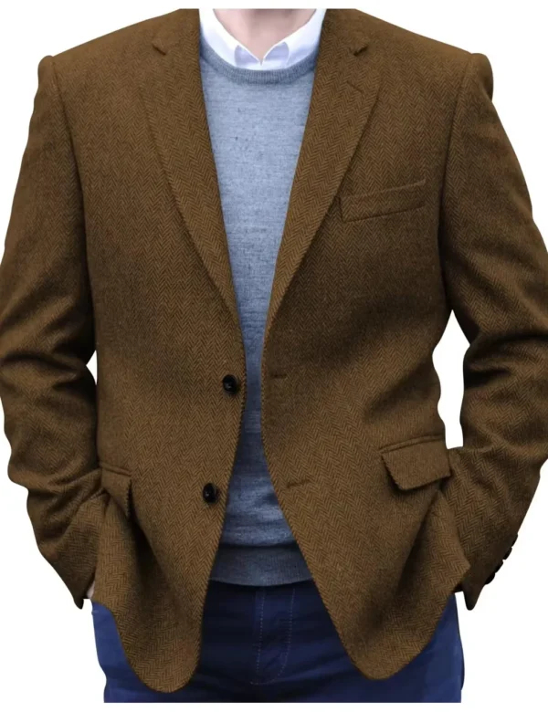 Premium Men's Suit Brown Blazer Prom Tuxedos Herringbone Tweed Single Breasted Formal Bussiness Jacket for Wedding（Only Coat）