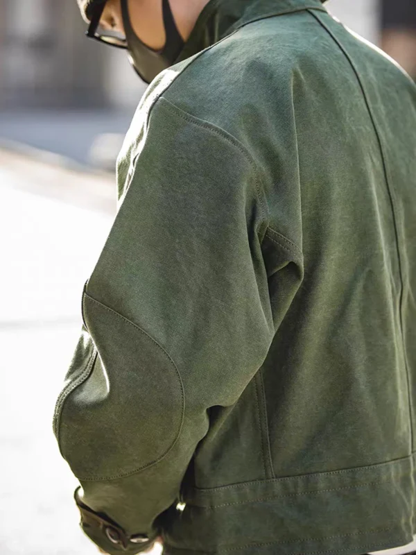 Swedish motorcycle jacket, men's retro military green casual cropped jacket, 100% cotton canvas workwear asymmetric safari style