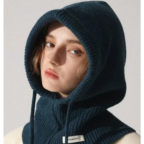 High Quality 100% Wool Slouchy Balaclava Hat for Women Knitted Scarf Hood Beanies Winter Warm Skiing Hat Outdoor Ear Protection