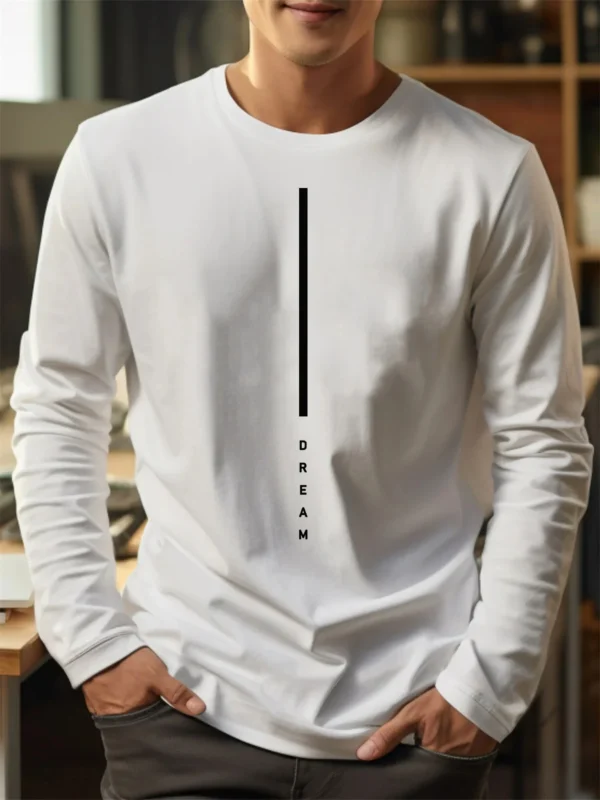Men's 100% pure cotton loose fit plus size comfortable casual DREAM letter printed round neck long sleeved T-shirt top