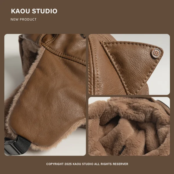 PU Leather Cat Ear Sunglasses Cool Pilot Cap Women's Winter Fleece Windproof Riding CapFamily Skiing Bomber Hat