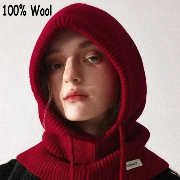 High Quality 100% Wool Slouchy Balaclava Hat for Women Knitted Scarf Hood Beanies Winter Warm Skiing Hat Outdoor Ear Protection