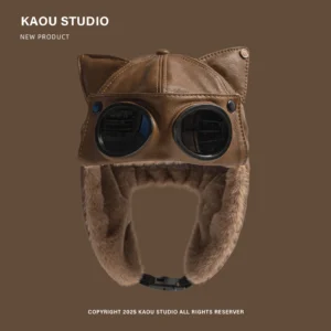 PU Leather Cat Ear Sunglasses Cool Pilot Cap Women's Winter Fleece Windproof Riding CapFamily Skiing Bomber Hat