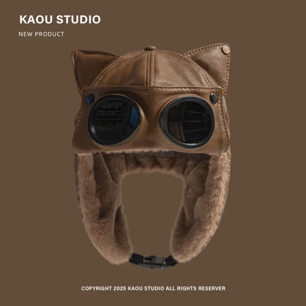 PU Leather Cat Ear Sunglasses Cool Pilot Cap Women's Winter Fleece Windproof Riding CapFamily Skiing Bomber Hat