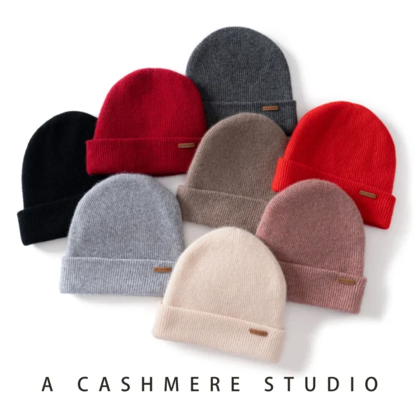 100% Cashmere Hat For Women Men Outdoor 2-Layer Thickened Warm Winter Hats Solid Caps Knit Seamless Beanie Hat Unisex