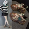 Womens Brown Green Color Block High Top Chunky Platform Dad Sneakers Fleece Lined Lace Up Height Increasing Warm Sports Shoes
