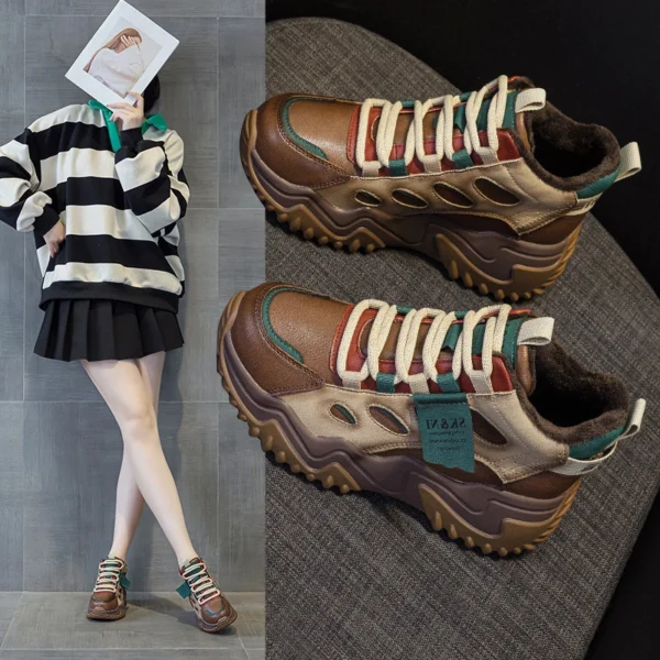Womens Brown Green Color Block High Top Chunky Platform Dad Sneakers Fleece Lined Lace Up Height Increasing Warm Sports Shoes