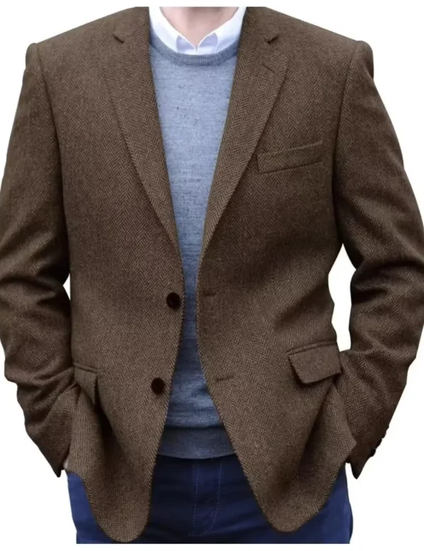 Premium Men's Suit Brown Blazer Prom Tuxedos Herringbone Tweed Single Breasted Formal Bussiness Jacket for Wedding（Only Coat）