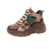 Womens Brown Green Color Block High Top Chunky Platform Dad Sneakers Fleece Lined Lace Up Height Increasing Warm Sports Shoes