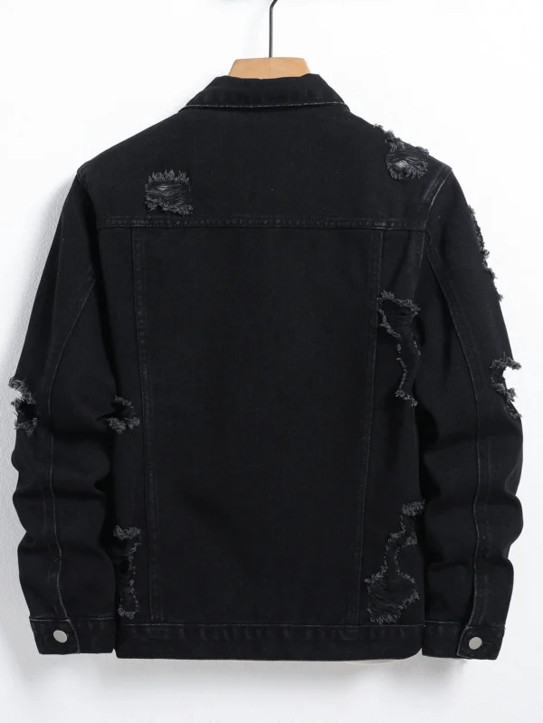 Men's Denim Jacket - Black Regular Jacket, Street Fashion with Rips, Suitable for Daily Casual Outings