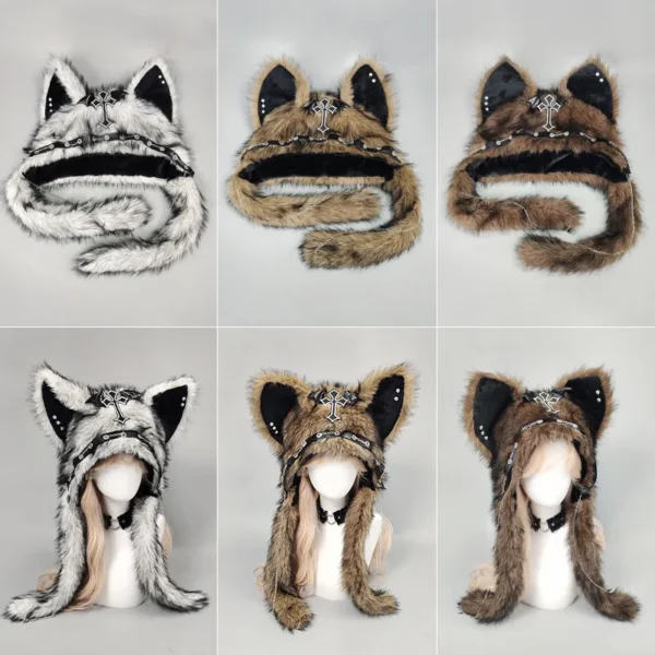 Dark Series Gothic Plush Hat Y2K Cross Metal Style Headwear Cosplay Cat Ear Hat Halloween Punk Rock Warm Cap for Women Men Child