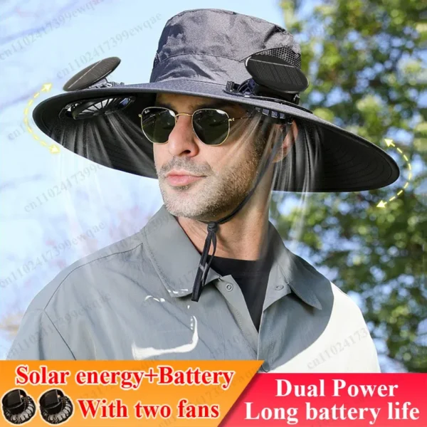 2025 Wide Brim Solar Fan Hat Sun Protection with Dual Power (Solar USB) Adjustable Outdoor Beach ‌Hike Fishing Hat for Men Women