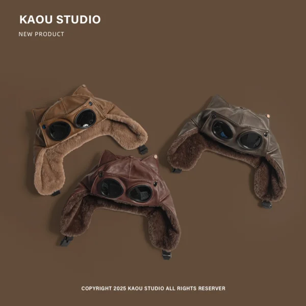 PU Leather Cat Ear Sunglasses Cool Pilot Cap Women's Winter Fleece Windproof Riding CapFamily Skiing Bomber Hat