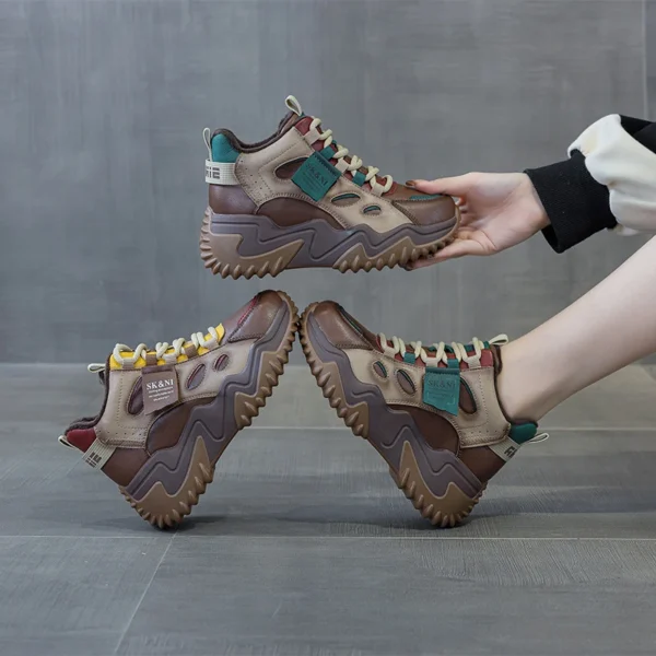 Womens Brown Green Color Block High Top Chunky Platform Dad Sneakers Fleece Lined Lace Up Height Increasing Warm Sports Shoes