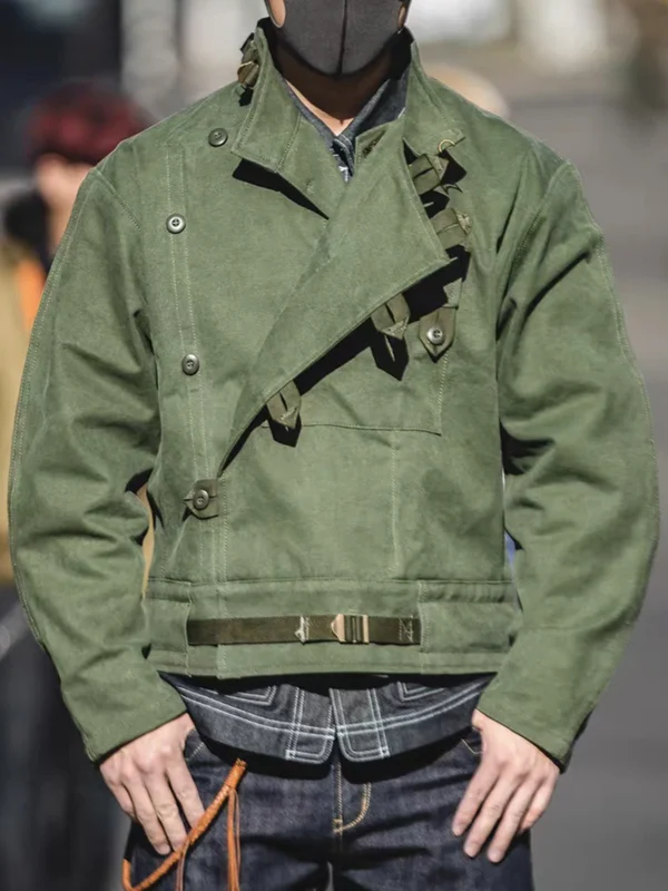 Swedish motorcycle jacket, men's retro military green casual cropped jacket, 100% cotton canvas workwear asymmetric safari style
