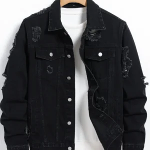 Men's Denim Jacket - Black Regular Jacket, Street Fashion with Rips, Suitable for Daily Casual Outings