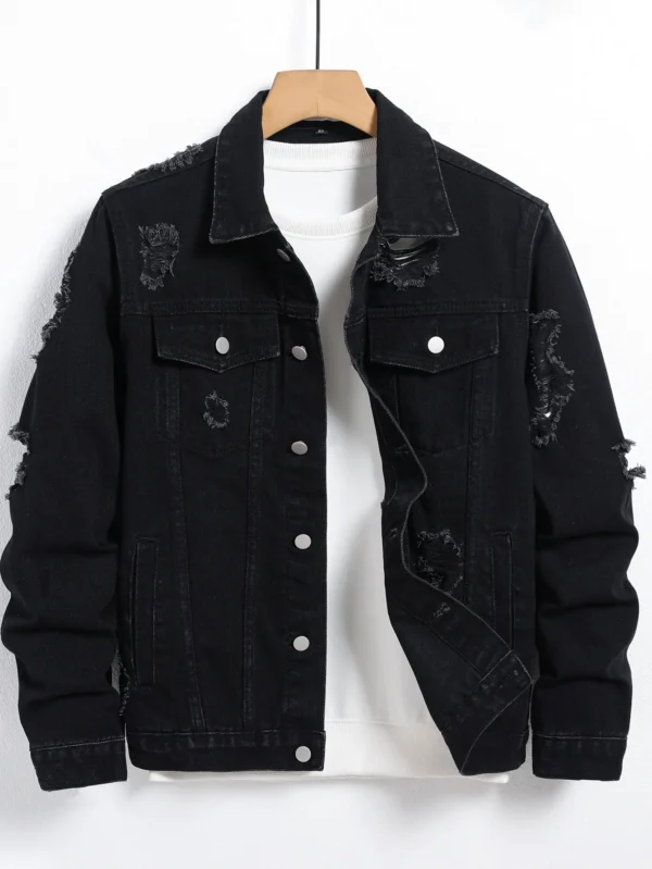 Men's Denim Jacket - Black Regular Jacket, Street Fashion with Rips, Suitable for Daily Casual Outings