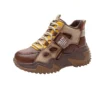 Womens Brown Green Color Block High Top Chunky Platform Dad Sneakers Fleece Lined Lace Up Height Increasing Warm Sports Shoes