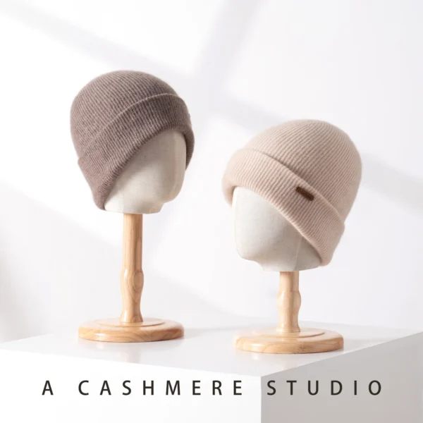 100% Cashmere Hat For Women Men Outdoor 2-Layer Thickened Warm Winter Hats Solid Caps Knit Seamless Beanie Hat Unisex