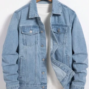 Men's denim jacket for spring and autumn. Blue denim coat. Daily casual wear. Fashion trend.